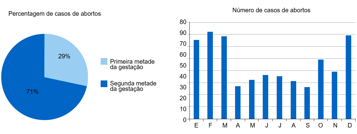 O gr&aacute;fico circular representa a percentagem de abortos na primeira e na segunda etapa da gesta&ccedil;&atilde;o, respectivamente. O gr&aacute;fico de barras representa a sazonalidade dos abortos.s