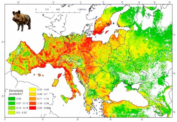 Figura 2: População modelada de javali na Europa. Fonte: FAO-ASFORCE, Maio 2015