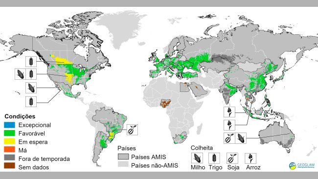 Figura 2. Condições das colheitas em países AMIS (a 28 de Março). Fonte GEOGLAM