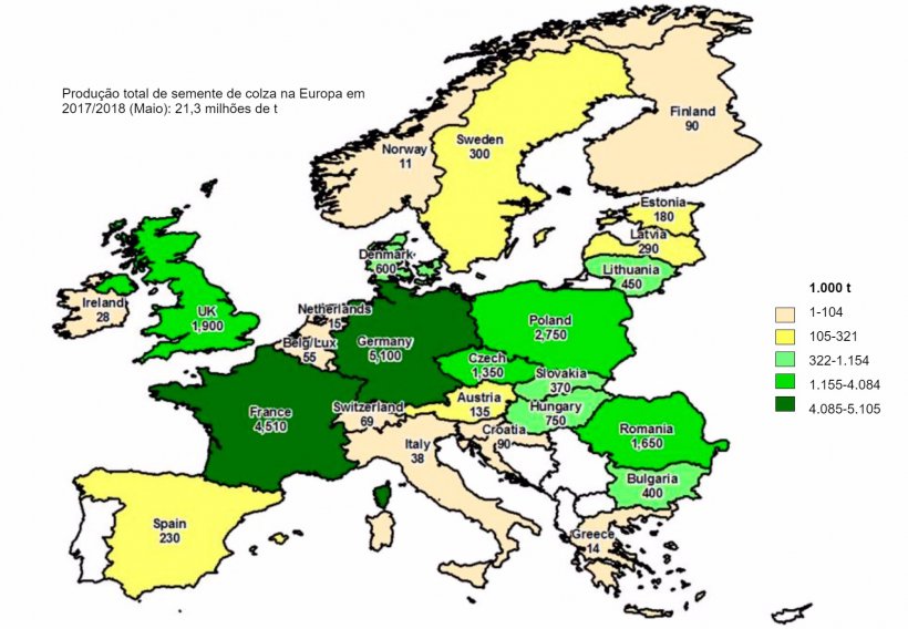 Imagem 5. Produ&ccedil;&atilde;o estimada de semente de colza na Europa (Maio 2017). Fonte USDA
