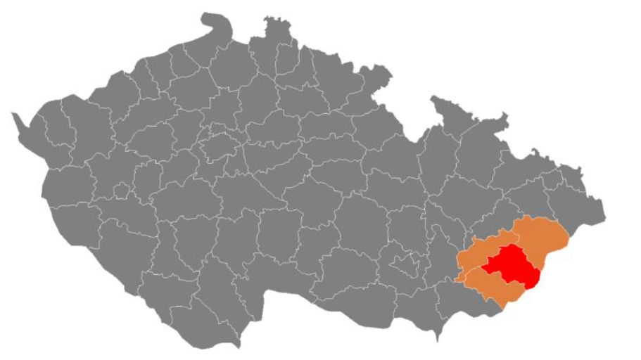 La zona roja, zona infectada, equivale a la totalidad del distrito de Zl&iacute;n.
