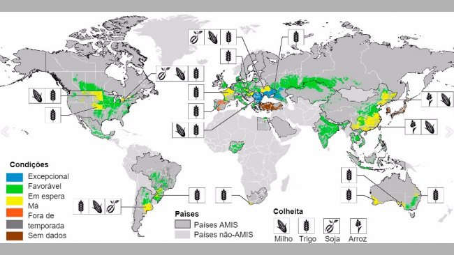 Imagem 1. Mapa das condições das culturas no mundo. Actualizado até Julho de 2017. Fonte GEOGLAM.
