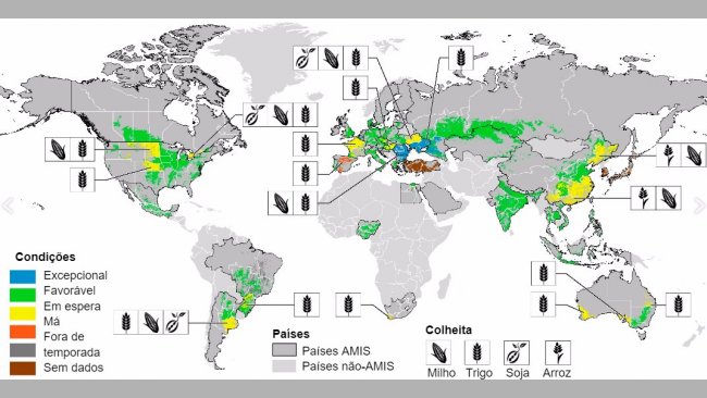 Imagem 1. Mapa das condições das culturas no mundo. Actualizado até Julho de 2017. Fonte GEOGLAM.