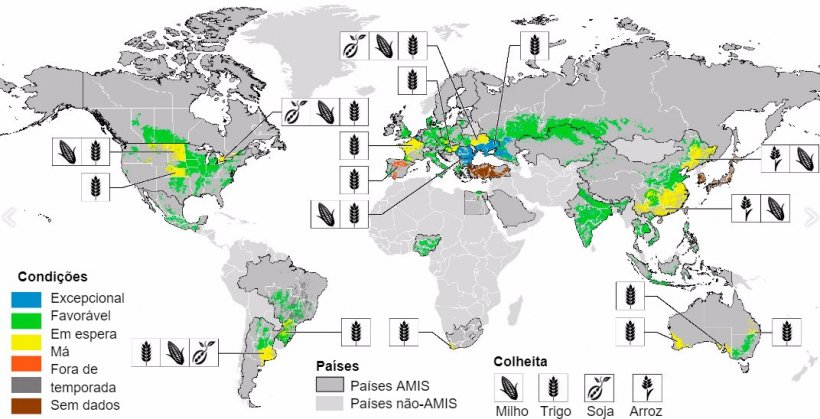 Imagem&nbsp;1. Mapa das condi&ccedil;&otilde;es das culturas no mundo. Actualizado at&eacute; Julho de 2017. Fonte GEOGLAM.
