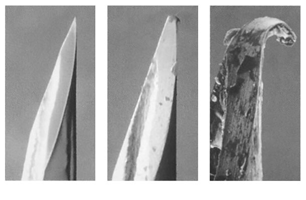 Figura 1: Fotografias de agulhas hipod&eacute;rmicas que demonstram como ficam rombas e lacam.
