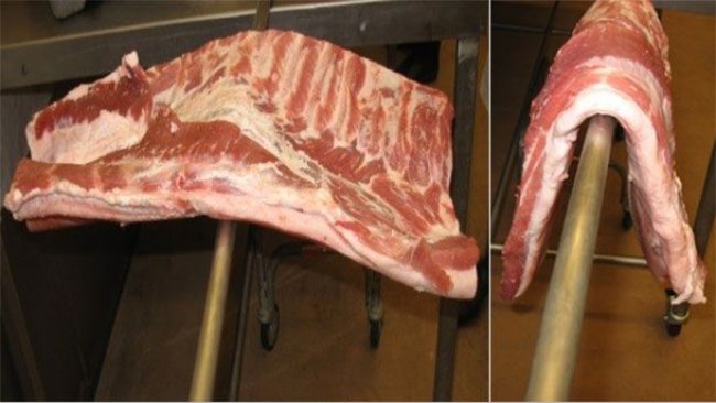 Figura 1. Barriga de porco alimentado com uma dieta de milho e farinha soja (esquerda) e com uma dieta com 30% de DDGS com elevado teor em óleo (direita).