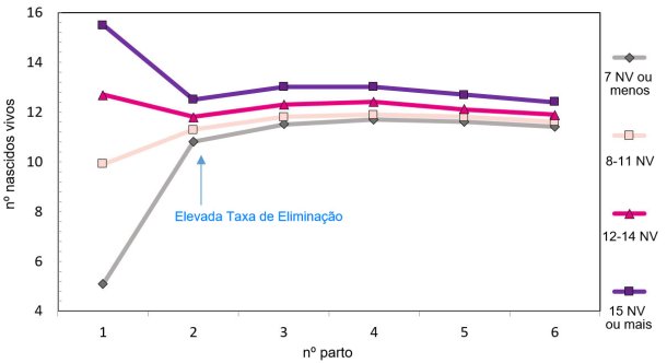Gr&aacute;fico 1. Produ&ccedil;&atilde;o ao longo da vida da porca em fun&ccedil;&atilde;o dos leit&otilde;es nascidos

