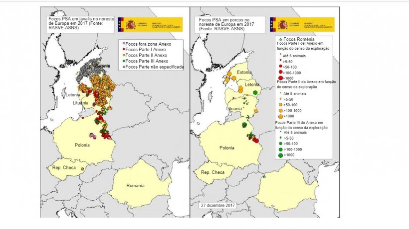 Mapa focos declarados na Estónia, Letónia, Lituânia, Polónia, Rep. Checa e Roménia em 2017 (Fonte RASVE-ADNS)