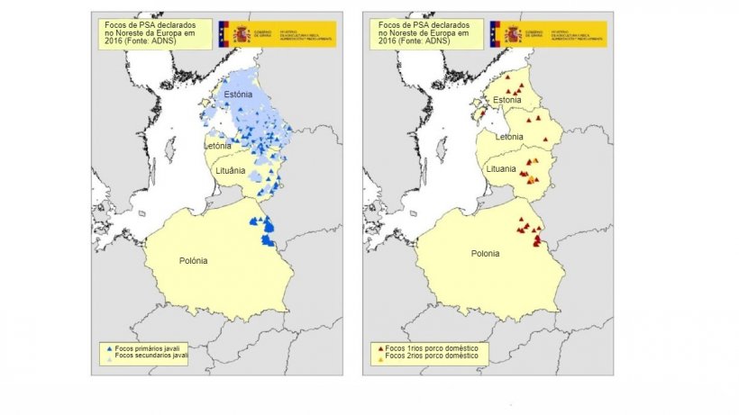 Mapas focos declarados na Estónia, Letónia, Lituânia e Polónia em 2016 (Fonte RASVE-ADNS)
