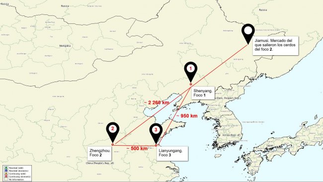 Mapa da situação dos focos de PSA na China