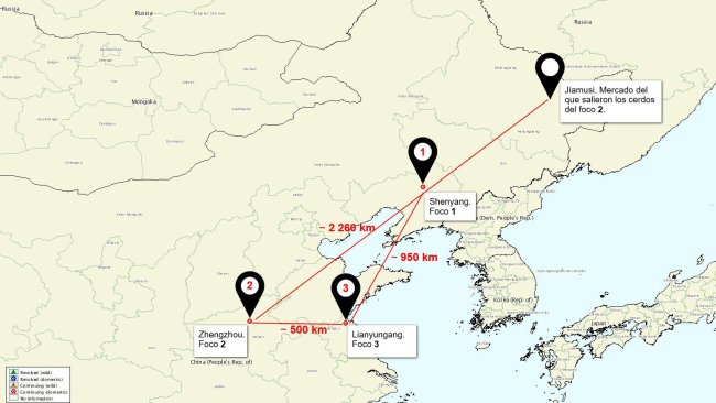 Mapa da situação dos focos de PSA na China