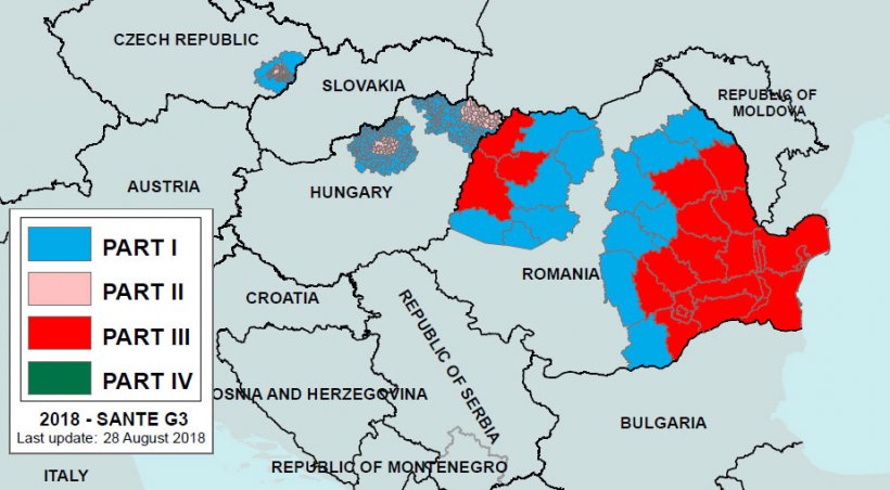 Imagem 2. Regionalização da PSA na Roménia e países adjacentes até 28 de Agosto de 2018. Parte I: zona de alto risco mas não ocorreram focos. Parte III: zona com focos declarados. Fonte: Comissão Europeia.
