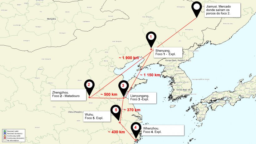 Mapa da situa&ccedil;&atilde;o dos focos de PSA na China
