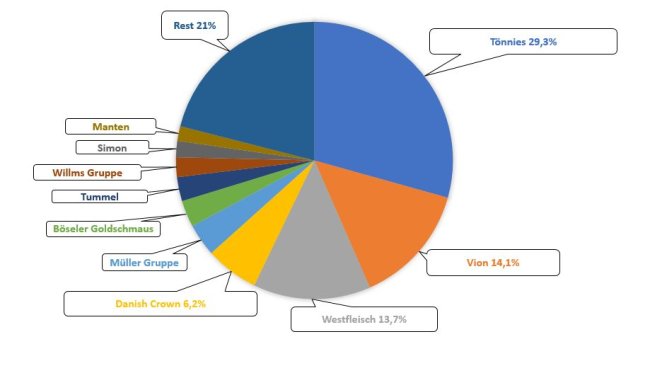 Cota de mercado dos 10 principais matadouros de porcos da Alemanha em 2018. Fonte: ISN.