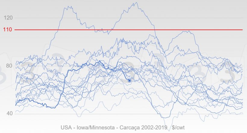 Gráfico 4. Evolução anual dos preços nos EUA desde 2002 em azul, a linha grossa representa as cotações de 2019. Em vermelho, é mostrada a mediana do preço máximo para 2019 na consulta 333.
