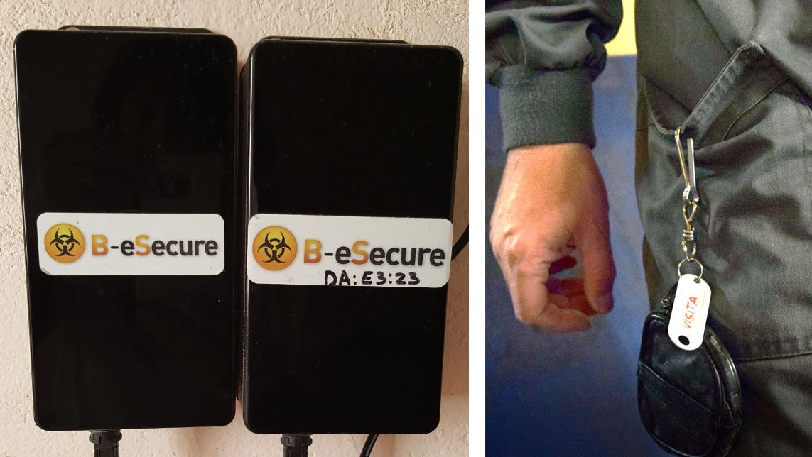 Figura 1. Imagem do sistema instalado para monitorizar movimentos. Foram instalados equipamentos nas paredes para monitorizar cada uma das salas de forma independente (esquerda) e os trabalhadores da explora&ccedil;&atilde;o tinham dispositivos com bluetooth individuais (direita)
