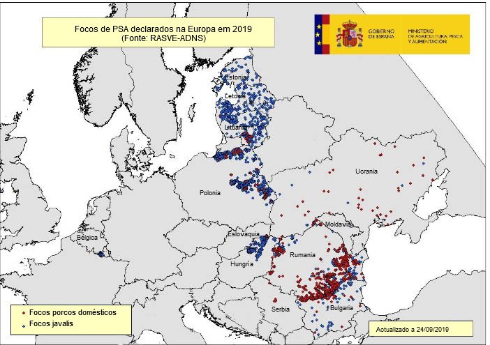 Mapa dos focos de PSA na UE e Ucr&acirc;nia em 2019
