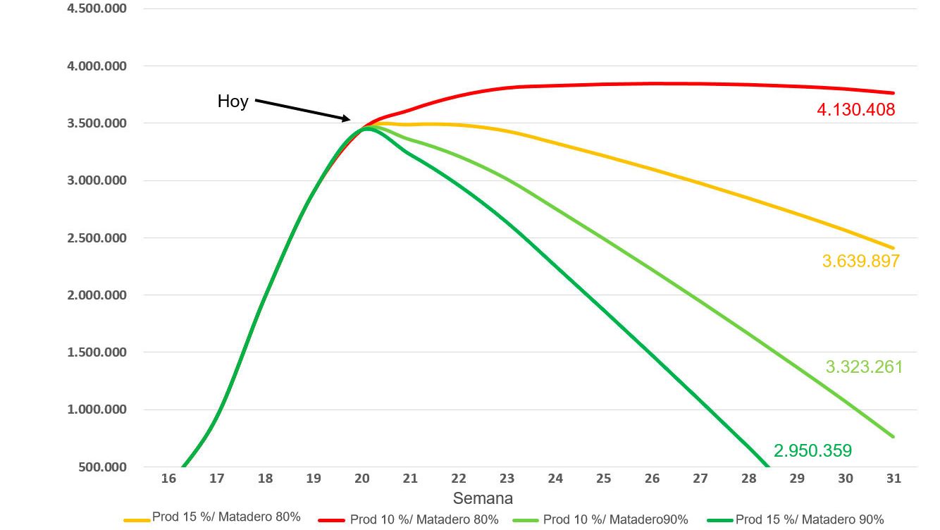 Figura 2. Previs&atilde;o do n&uacute;mero de porcos eutanasiados em EUA at&eacute; finais de Julho considerando 4 poss&iacute;veis cen&aacute;rios
Fonte dos dados: Inqu&eacute;rito de abate NASS do USDA e AMS LM_HG201
