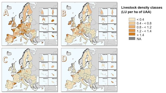 Livestock density within the European Union in 2016 for: (a) all livestock, (b) all bovines, (c) pigs and (d) poultry. Estimated by dividing the number of livestock units by the utilised agricultural area (UAA) within each NUTS 2 region. Source: Eurostat, March 2020; maps created by Matteo Sposato, SRUC.