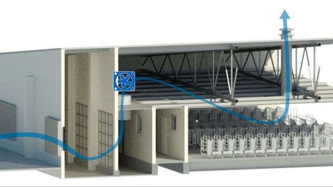 Ilustração 2: Edificio de gestação com sistema de impulsão de ar filtrado por sobrepressão e extracção não mecanizada.
