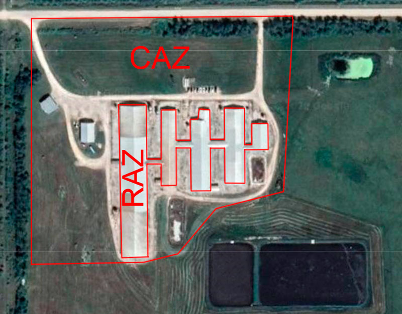 Imagem 1. Zona de acesso restringido (RAZ) e zona de acesso controlado (CAZ) de uma exploração. Limites zona suja/limpa na exploração. https://www.cpc-ccp.com/visitor-and-farm-biosecurity
