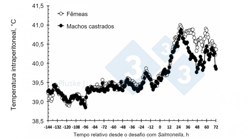 Figura 2. Efeito de ser uma fêmea ou um macho castrado na resposta da temperatura intraperitoneal a um desafio oral com Salmonella typhimurium. Houve uma interacção sexo-tempo (P &lt; 0,001) na qual as fêmeas tiveram uma maior temperatura que os porcos castrados entre as 36-63 e as 72 h após o desafio (Burdick Sanchez et al., 2017).
