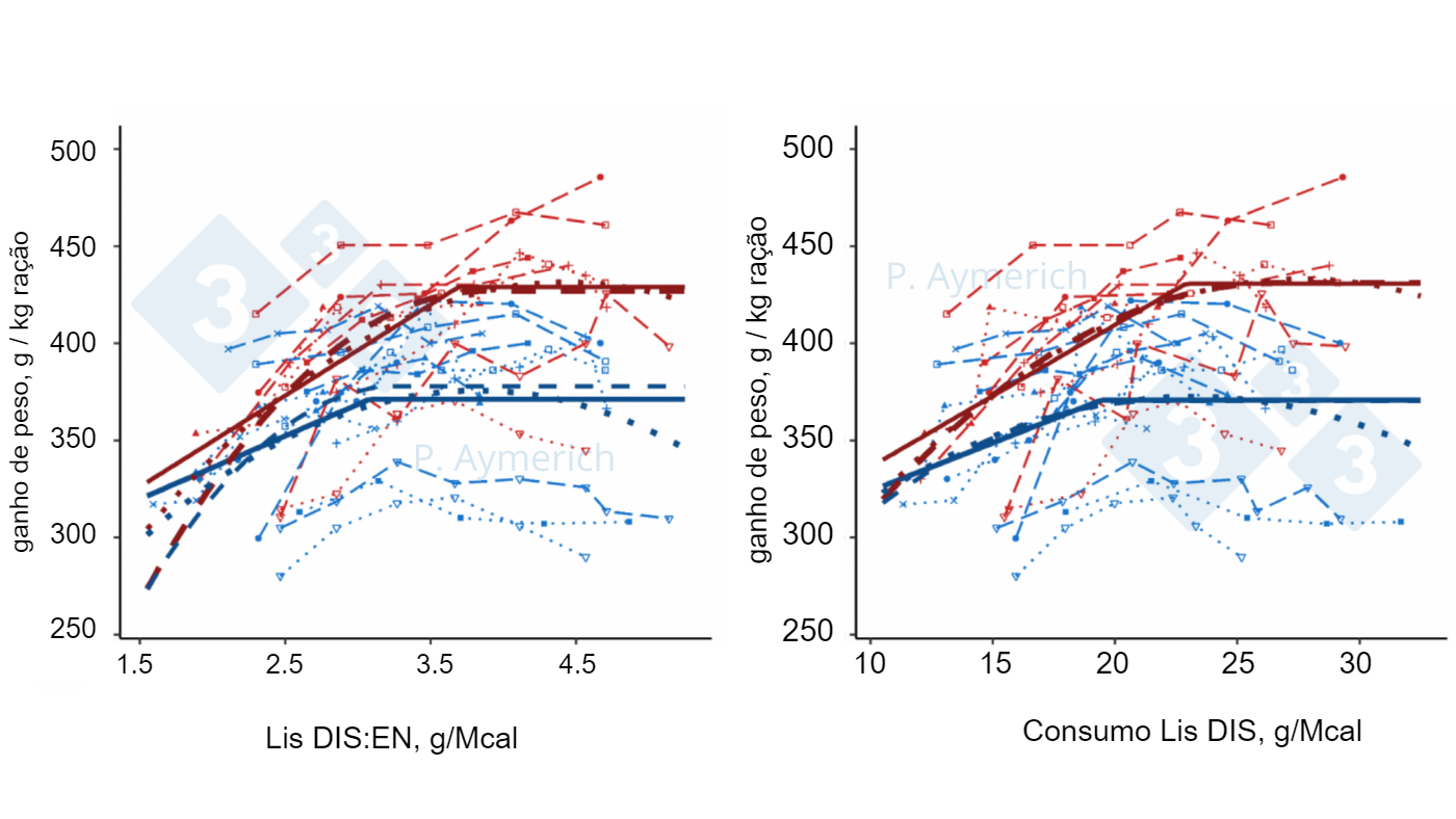 <span>Figura 2. Modelización del efecto de la ratio lisina-energía y la ingestión de lisina diaria en machos enteros (rojo) y hembras (azul) en finalización sobre la eficiencia de conversión (Aymerich et al., 2021).</span>