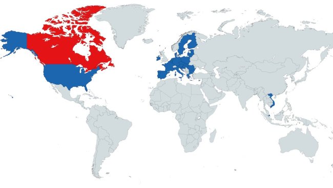 Figura 1. Países com os quais o Canadá tem acordos de zonificação para a PSA (Vietname, Singapur, la União Europeia e Estados Unidos).