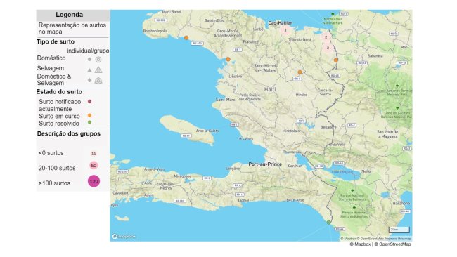 Mapa de surtos de Peste Suína Africana no Haití. Fonte: OIE. © OpenStreetMap e colaboradores. https://www.openstreetmap.org/copyright