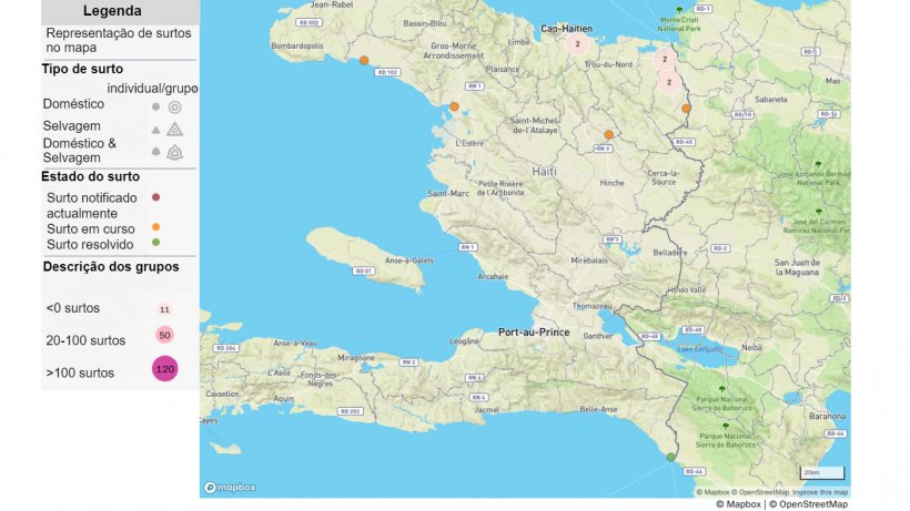 Mapa de surtos de Peste Suína Africana no Hait&iacute. Fonte: OIE.&nbsp;&copy; OpenStreetMap e colaboradores.&nbsp;https://www.openstreetmap.org/copyright

