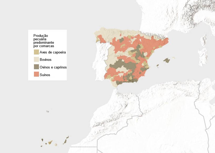 Tipo de produ&ccedil;&atilde;o animal predominante em Espanha (segundo UGT). Fonte: INE.
