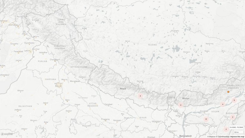 Localiza&ccedil;&atilde;o dos seis focos notificados at&eacute; ao momento no Nepal. Tamb&eacute;m se indicam outros grupos de focos pr&oacute;ximos. Fonte: OIE a partir de colaboradores de &copy;OpenStreetMap&nbsp;(https://www.openstreetmap.org/about/)

