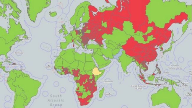 Global cumulative distribution of African swine fever since 2005. Infected areas (reported at least
once) are shown in red, suspected areas in yellow, and free areas in green. Source: WOAH.