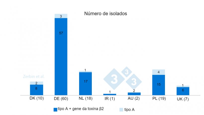 Figura 4. Número e percentagem de C. perfringens isolados com e sem o gene da toxina &szlig;2&nbsp;de um total de 117 isolados por país de origem. Número de isolados por país entre parênteses.
