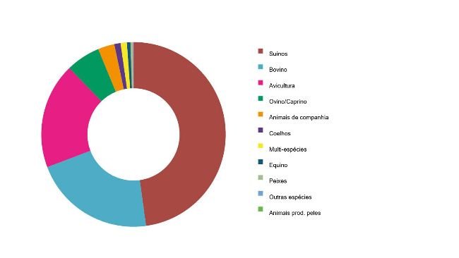 Produção de rações por espécies em Espanha em 2020 (t). Fonte: MAPA.