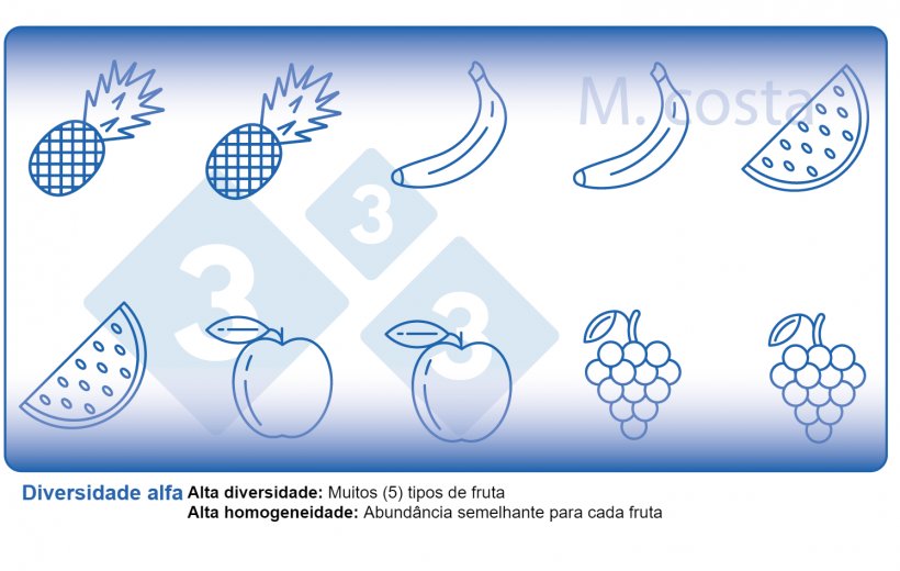 Figura 2. Como interpretar as medidas de diversidade microbiana das amostras (diversidade alfa). A variedade é um parâmetro da diversidade (por exemplo, os tipos de frutas) e a homogeneidade (por exemplo, a distribuição ou abundância de cada tipo de fruta) numa amostra determinada.
