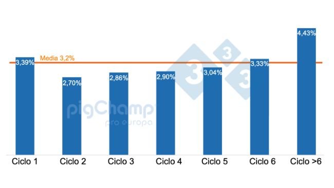 Gráfico 1. Percentagem de porcas que desmamam 0 leitões classificadas por ciclo, desmames Julho 20-Junho 21.