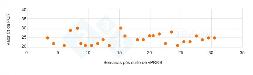 Figura 2. Evolução dos valores Ct da PCR nas semanas após o surto de PRRS.
