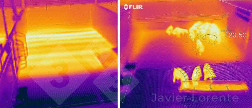 Foto 2. Esquerda: Imagem termográfica de um aquecimento por piso radiante a funcionar correctamente. Direita: Imagem termográfica de um piso radiante com defeito de funcionamento com uma área praticamente inactiva.