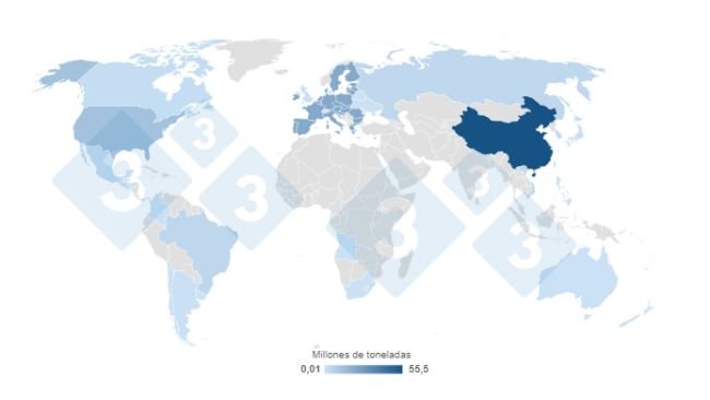 Mapa 1. Concentração da produção mundial de carne de porco estimada para 2023. Elaborado pelo Departamento de Economia e de Mercados com dados do Departamento de Agricultura dos Estados Unidos (USDA). 