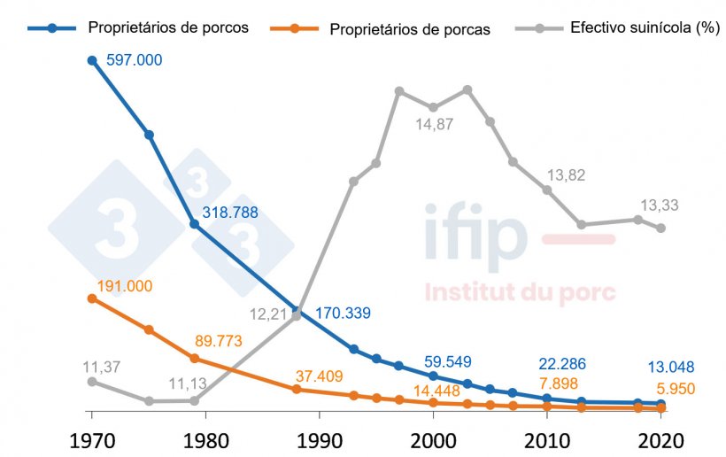 Evolu&ccedil;&atilde;o do n&uacute;mero de explora&ccedil;&otilde;es com porcos e o n&uacute;mero de porcos em Fran&ccedil;a de 1970 a 2020. Fonte: SSP-Agreste, RGA, RA, ESEA, tratamento IFIP.

