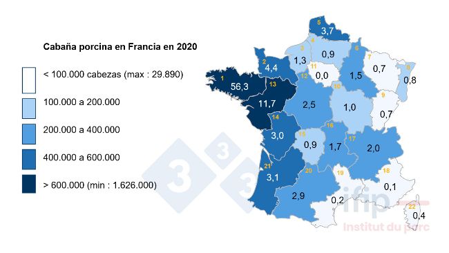 Distribui&ccedil;&atilde;o do efectivo de su&iacute;nos em Fran&ccedil;a em 2020. 1 Bretanha, 2 Baixa-Normandia, 3 Alta-Normandia, 4 Picardia, 5 Nord-Pas-de-Calais, 6 Champagne-Ardenne, 7 Lorraine, 8 Als&aacute;cia, 9 Franche-Comt&eacute;, 10 Borgonha, 11 IDF, 12 Centro, 13 Pa&iacute;s do Loire, 14 Poitou-Charentes, 15 Limousine, 16 Auvergne, 17 Rh&ocirc;ne-Alpes, 18 PACA, 19 Languedoc-Roussillon, 20 Midi-Pyr&eacute;n&eacute;es, 21 Aquitaine.
