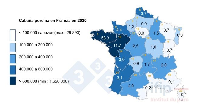 Distribui&ccedil;&atilde;o do efectivo de su&iacute;nos em Fran&ccedil;a em 2020. 1 Bretanha, 2 Baixa-Normandia, 3 Alta-Normandia, 4 Picardia, 5 Nord-Pas-de-Calais, 6 Champagne-Ardenne, 7 Lorraine, 8 Als&aacute;cia, 9 Franche-Comt&eacute;, 10 Borgonha, 11 IDF, 12 Centro, 13 Pa&iacute;s do Loire, 14 Poitou-Charentes, 15 Limousine, 16 Auvergne, 17 Rh&ocirc;ne-Alpes, 18 PACA, 19 Languedoc-Roussillon, 20 Midi-Pyr&eacute;n&eacute;es, 21 Aquitaine.

