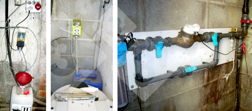 Figura 7. Sistema de higienização. Esquerda:&nbsp;Bomba doseadora de cloro, Centro:&nbsp;Bomba doseadora de peróxido de hidrogénio, Direita:&nbsp;Filtro, medidor de caudal e &quot;by pass&quot;.