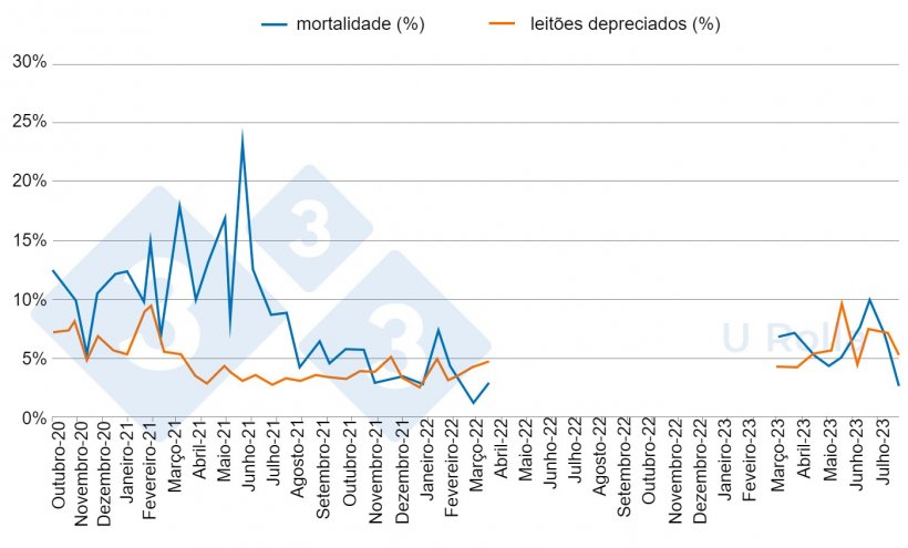 Fig. 5 Mortalidade (%) e proporção de leitões de segunda categoria ao desmame antes (Outubro de 2020 a Março de 2022) e depois (Março a Julho de 2023) do despovoamento/população.