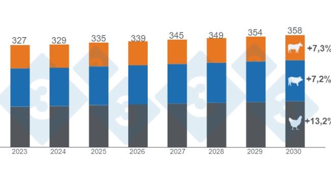Gráfico 1. Estimativa de crescimento do consumo mundial de carne bovina, suína e de frango até 2030, valores em milhões de toneladas, variações 2030/2023. Elaborado pelo Departamento de Economia e Inteligência de Mercado da 333 LATAM com dados do Departamento de Agricultura dos Estados Unidos (USDA).