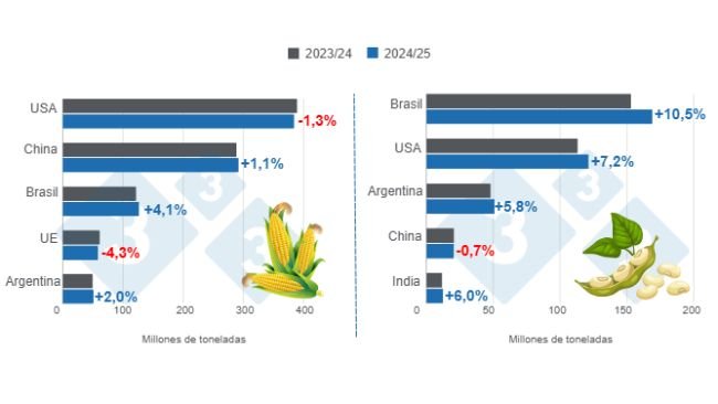 Gráfico 1. Projecção da colheita dos principais produtores mundiais de milho e soja – campanha 2024/25 versus ciclo 2023/24 – Última actualização: 8 de Novembro de 2024. Elaborado pelo Departamento de Economia e Mercado com dados da FAS - USDA.