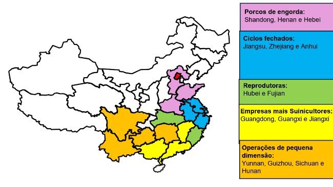 Distribuição geográfica e modos de funcionamento da produção suína da China por Província. Fonte: USDA da ATO Pequim. Desafios na produção suína da China