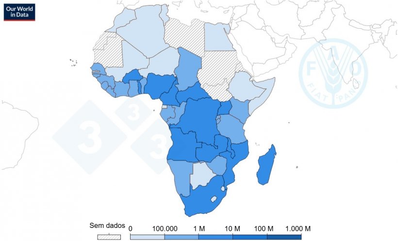 Número de porcos em África, 2022. Fonte: Organização das Nações Unidas para a Alimentação e Agricultura (2023)