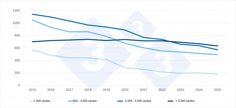 Evolução das explorações suinícolas nos Países Baixos por tamanho (2015-2025*). Dados provisórios para 2025. Fonte: Recenseamento Agrícola do CBS.